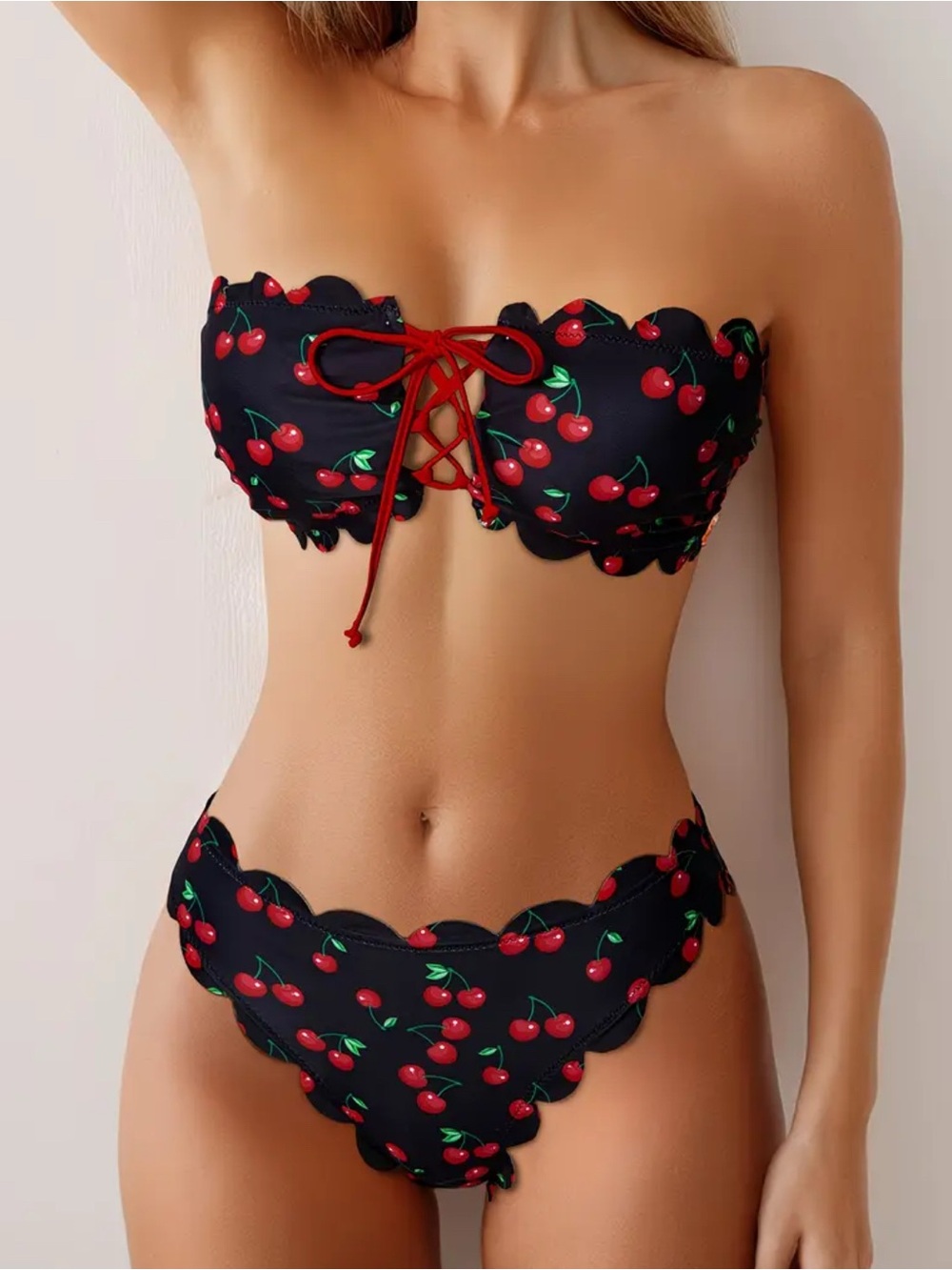 New Cherry Pattern Scalloped Edge Bikini